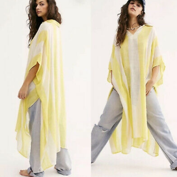 Free People Yellow Shore Things Stripe Oversized Kaftan Coverup Poncho OS